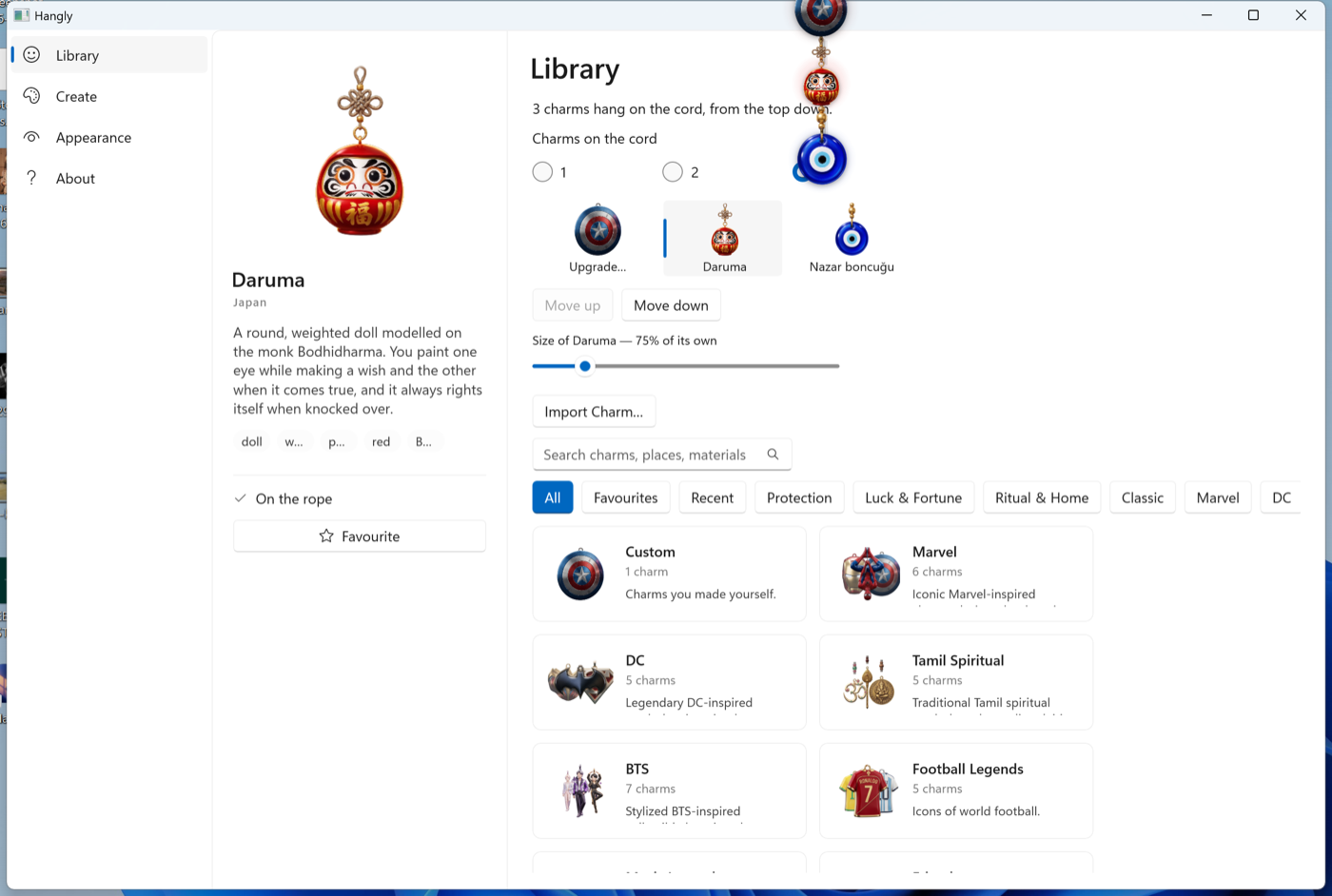 Hangly In-App Charm Library UI